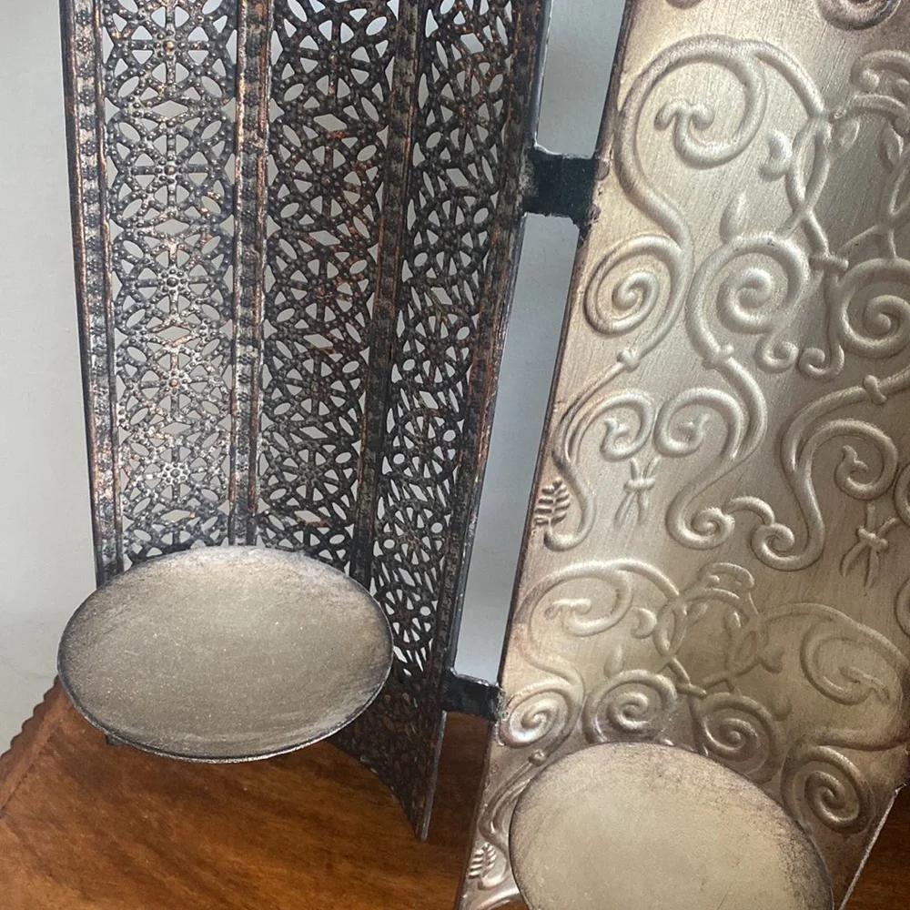 Vintage Pier 1 Metal Scroll Wall Sconce Candle Holder 4 Pillar Earth Tones